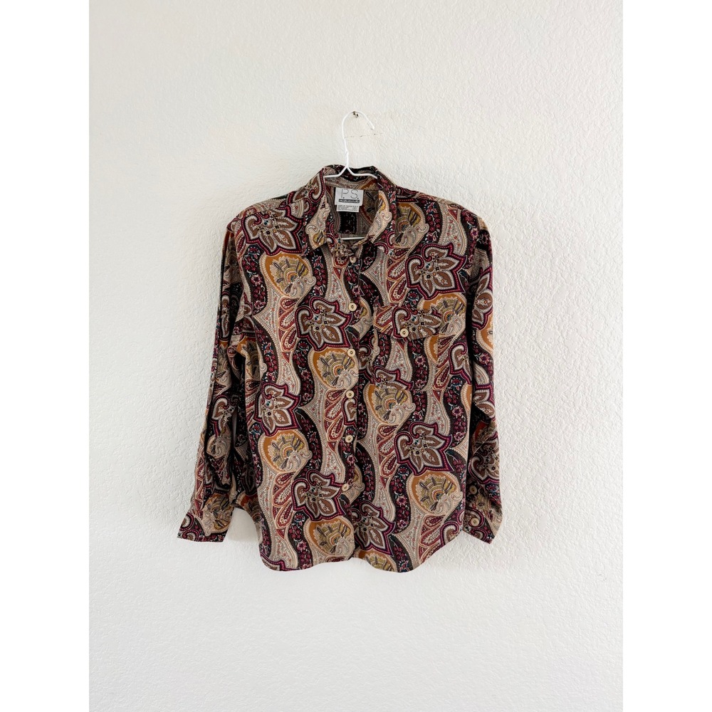 P.S. Sport Button Down Shirt Womens Small Multicolor Paisley Rayon Vintage